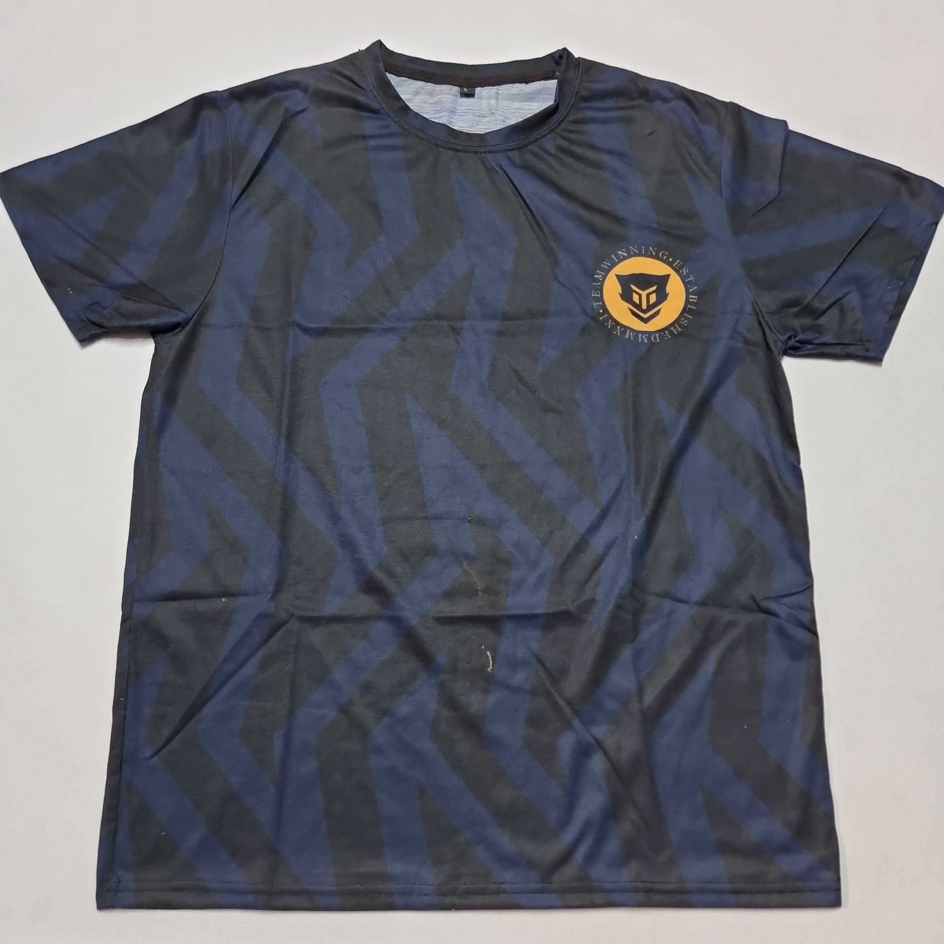 All over black blue with yellow logo tee
