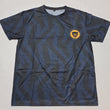 All over black blue with yellow logo tee